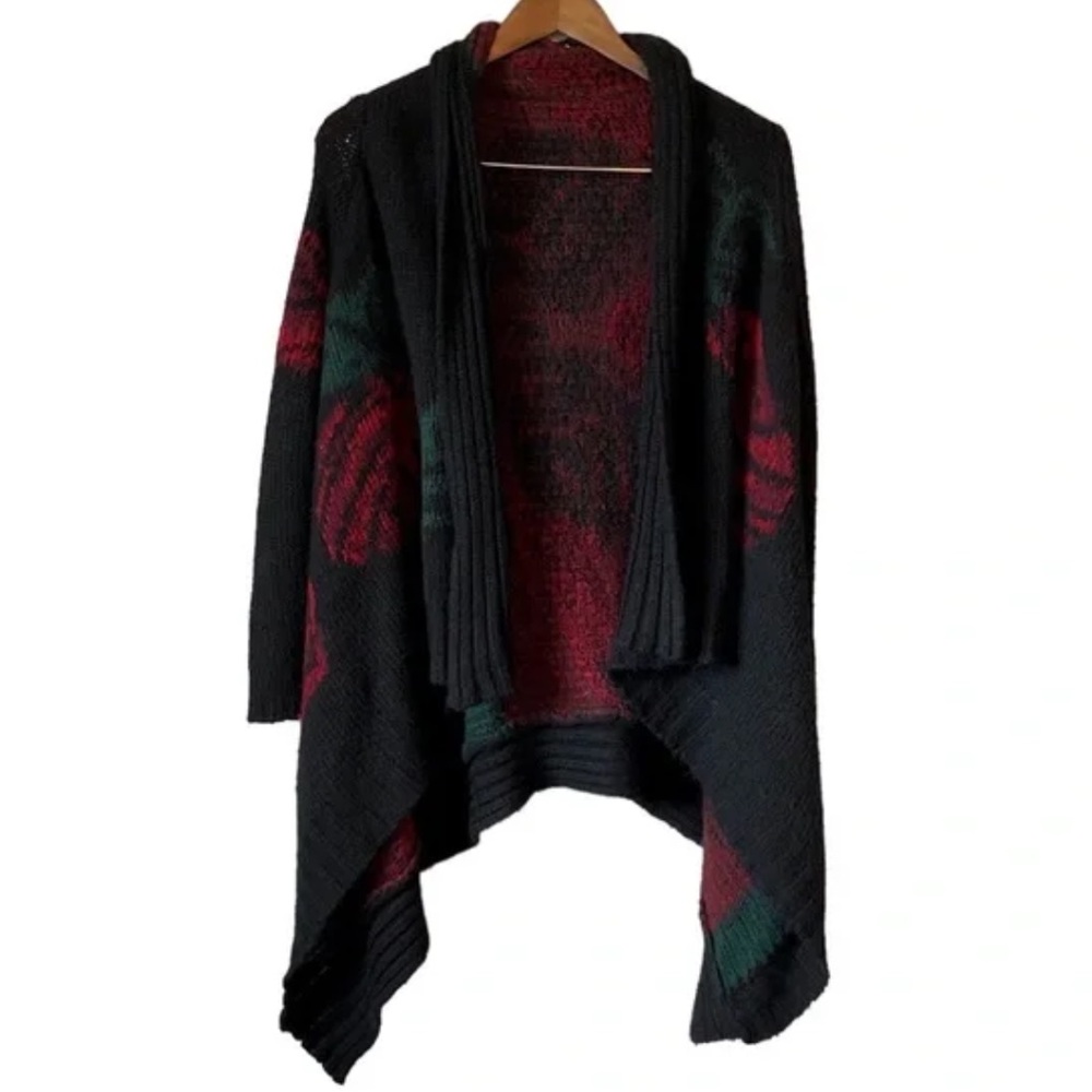 Monsoon Rose Floral Knitted Knit Comfy Flowy Cardigan Sweater Top Black Red